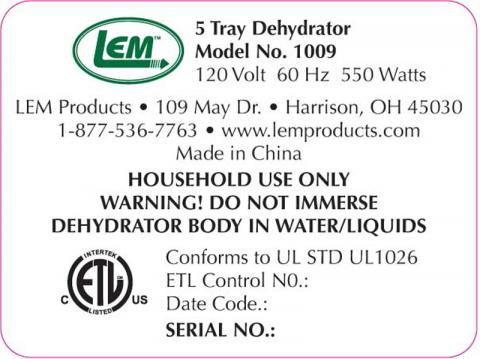 LEM dehydrator label 1 on the rear panel