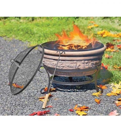 Shown in the photo is the clay bowl, a black metal stand, a black metal bowl that sits inside the clay bowl, a screened, domed lid that sits on top of the bowl, and a fire poker.